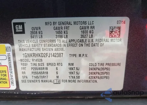 2015 Chevrolet Traverse 2Lt from USA, damaged, VIN 1GNKRHKD2FJ142387